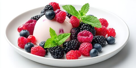 Poster - Berry Ice Cream With Raspberries and Blueberries on White Plate, Representing Healthy Eating