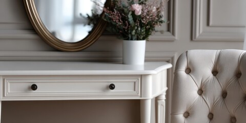 Poster - Elegant Desk With Flowers and Mirror in Bright Room, Showcasing Interior Design and Home Decor