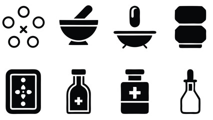 Poster - Collection of medical and pharmaceutical icons in minimalist black and white design