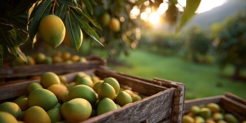 Poster - Fresh Mangoes in Wooden Crate at Sunset, Representing Tropical Harvest and Healthy Food Choices