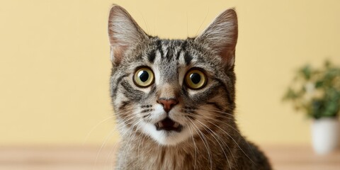 Poster - Surprised Tabby Cat With Wide Eyes on Yellow Background, Representing Pet Care and Animal Behavior