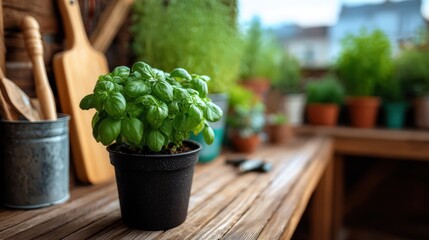 Poster - Fresh Basil Plant on Wooden Tabletop, Symbolizing Healthy Cooking and Sustainable Living