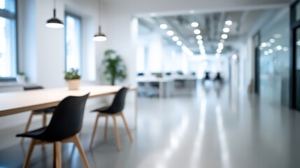 Poster - Blurred Modern Office Interior With Meeting Table, Chairs, and Hallway, Representing Corporate Lifestyle