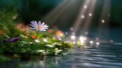 Aufkleber - Delicate White Flower Reflecting in Water With Sunbeams, Symbolizing Natural Beauty and Serenity