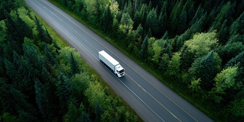 Aufkleber - Aerial View of Semi-Truck on Highway Through Forest, Illustrating Transportation and Logistics