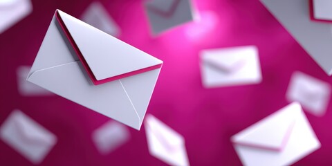 Poster - White Envelopes Floating on Pink Background, Symbolizing Communication and Direct Marketing Campaigns