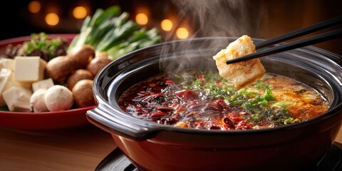 Poster - Steaming Hot Pot With Tofu and Vegetables, Presenting Culinary Tradition and Asian Cuisine