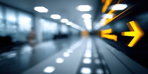 Aufkleber - Abstract Blurred Airport Hallway With Yellow Directional Arrows, Symbolizing Guidance and Travel