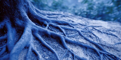 Poster - Exposed Tree Roots Covered in Blue Sand, Symbolizing Interconnectedness and Environmental Awareness