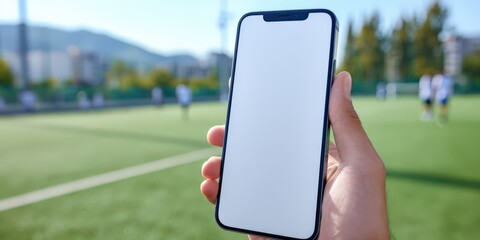 Poster - Hand Holding Smartphone With Blank Screen on Soccer Field, Ideal for Mobile App Advertising