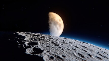 Poster - Moon Surface With Craters and Half Moon in Space, Representing Exploration and Discovery