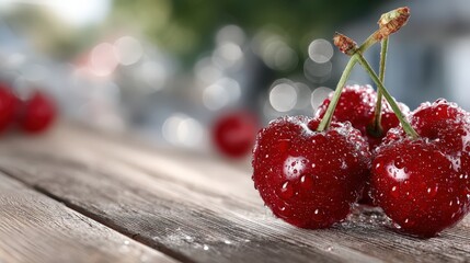Poster - Fresh Red Cherries With Water Droplets on a Wooden Surface, Representing Summer Produce and Healthy Eating
