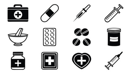 Poster - Vector illustration of healthcare medical icons depicting essential medicine and equipment