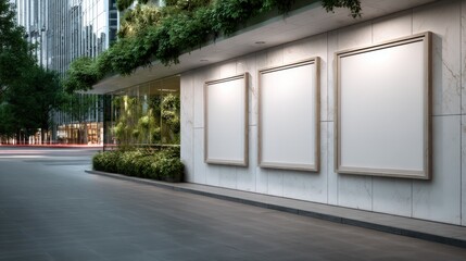Aufkleber - Three Blank Billboards on a Modern Building With Greenery, Ideal for Outdoor Advertising Campaigns
