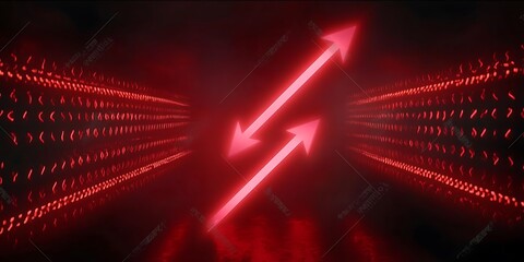 Poster - 
Red neon frame with arrows, empty space, ultraviolet light, retro style, fashion show stage. abstract background. Abstract cosmic vibrant arrow backdrop pointing forward
