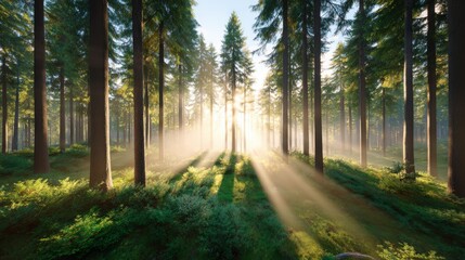 Aufkleber - Sun Rays Shining Through Tall Trees in Forest, Representing Natural Beauty and Tranquil Escape