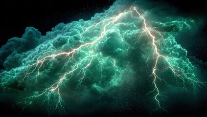 Aufkleber - Dramatic Lightning Strikes Through Emerald Clouds, Illustrating Power and Atmospheric Change