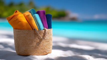 Aufkleber - Colorful Rolled Towels in Wicker Basket on White Sand Beach, Representing Vacation and Relaxation
