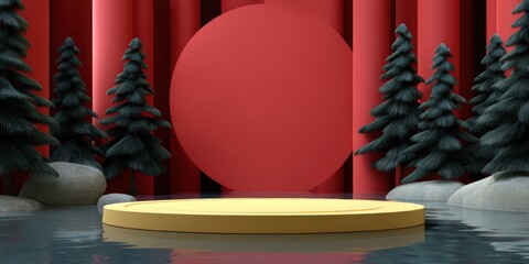 Aufkleber - Minimalist Product Display Podium With Pine Trees and Water, Ideal for Nature and Wellness Brands