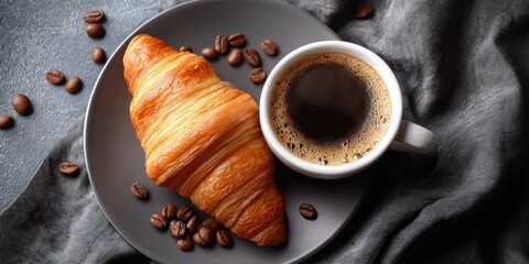 Poster - Fresh Croissant and Coffee on Plate With Coffee Beans, Representing Morning Rituals and Breakfast