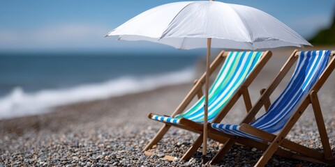 Poster - Two Beach Chairs and Umbrella on Pebble Beach, Representing Summer Relaxation and Vacation Getaway