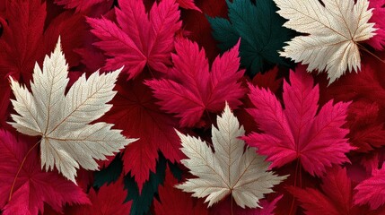 Poster - Overhead View of Red, White, and Green Maple Leaves, Symbolizing Autumnal Beauty and Change