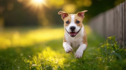 Aufkleber - Happy Dog Running Through a Field at Sunset, Representing Joyful Pets and Outdoor Recreation