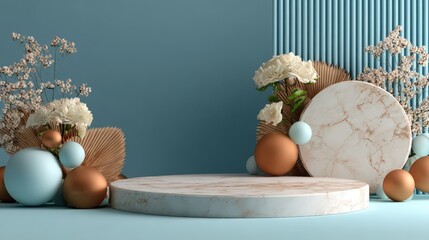 Aufkleber - Elegant Marble Podium with Flowers and Spheres on Blue Background, Ideal for Product Mockups