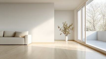 Poster - Bright Minimalist Living Room with Sofa and Sunlight, Showcasing Modern Home Decor and Interior Design