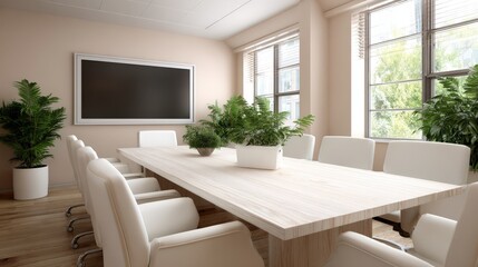 Poster - Bright Conference Room With Large Wooden Table, Perfect for Corporate Meetings and Teamwork