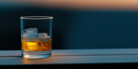 Poster - Whiskey Glass With Ice Cubes on Wooden Table, Representing Relaxation and Evening Indulgence