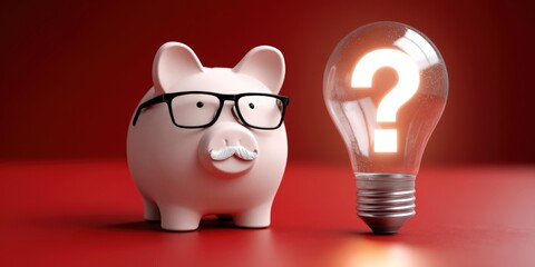 Poster - Piggy Bank With Glasses Next to Question Mark Lightbulb, Representing Financial Planning and Investment