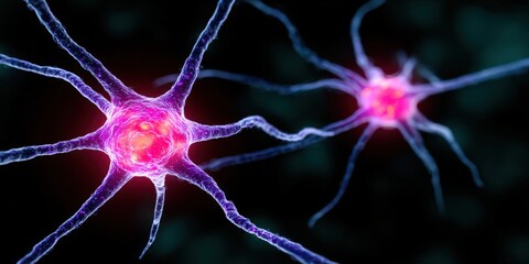Poster - Two Neurons Transmitting Signals on Black Background, Symbolizing Neuroscience and Brain Function