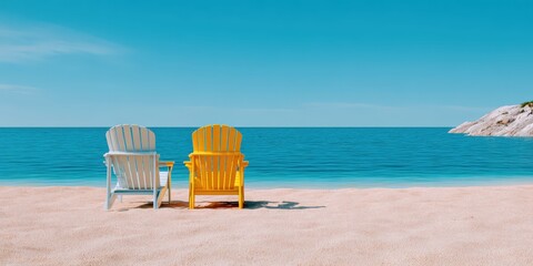 Poster - Adirondack Chairs on a Tropical Beach With Turquoise Water, Evoking Relaxation and Vacation Getaways