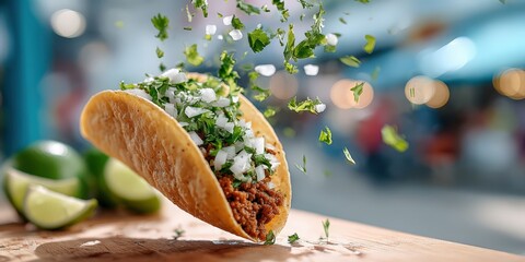 Poster - Delicious Taco With Falling Cilantro and Onions, Representing Culinary Art and Mexican Food Culture