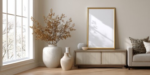 Poster - Modern Living Room Interior With Blank Frame Mockup, Showcasing Home Decor and Interior Design