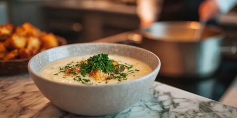 Aufkleber - Creamy Potato Soup Garnished With Croutons and Parsley, Representing Comfort Food and Culinary Arts