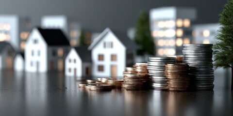 Poster - Stacks of Coins and Miniature Houses, Representing Real Estate Investment and Financial Planning
