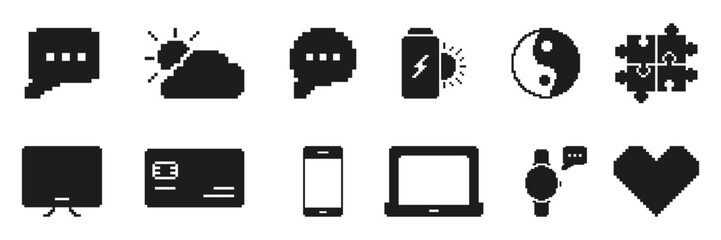 Fototapete - Pixel Art Icon Set Featuring Communication, Technology, And Energy Symbols. Diverse Pixelated Symbol Collection For Digital Communication, Device Interaction. Isolated Vector Illustration