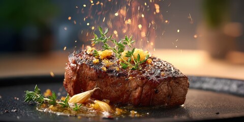 Poster - Grilled Steak With Thyme and Garlic, Garnished With Herbs, Representing Culinary Excellence