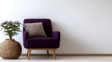 Poster - Purple Armchair With Pillow and Flower Pot Against White Wall, Representing Interior Design and Comfort