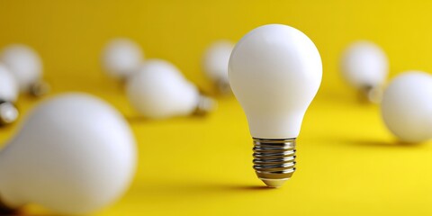 Poster - Bright White Light Bulbs on Yellow Background, Symbolizing Innovation and Creative Solutions