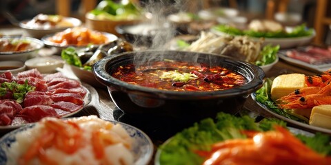 Poster - Steaming Hot Pot With Fresh Ingredients, Representing Culinary Tradition and Cultural Exploration