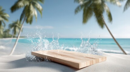 Aufkleber - Wooden Platform on Sandy Beach with Splashing Water, Ideal for Summer Product Presentation