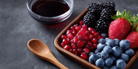 Poster - Fresh Berries and Pomegranate Seeds in Wooden Bowl, Representing Healthy Eating and Wellness