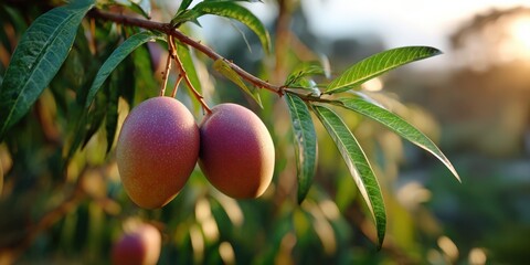 Poster - Two Ripe Mangoes Hanging From a Branch in Golden Light, Representing Tropical Agriculture