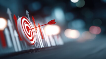 Poster - Arrow Hitting Bullseye Target Surrounded by Arrows, Symbolizing Business Strategy and Achievement