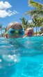 © Irina - Two young children, a boy and a girl, swimming in a pool. they are both wearing swimming goggles and are looking up at the camera with big smiles on their faces.