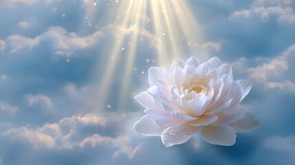 Aufkleber - White Lotus Flower Against Cloudy Sky With Light Rays, Symbolizing Purity and Spirituality