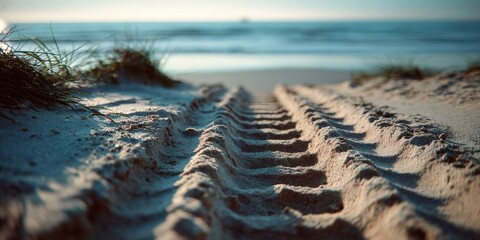 Poster - Tire Tracks in Beach Sand Leading to Ocean at Sunset, Symbolizing Travel and Summer Vacation